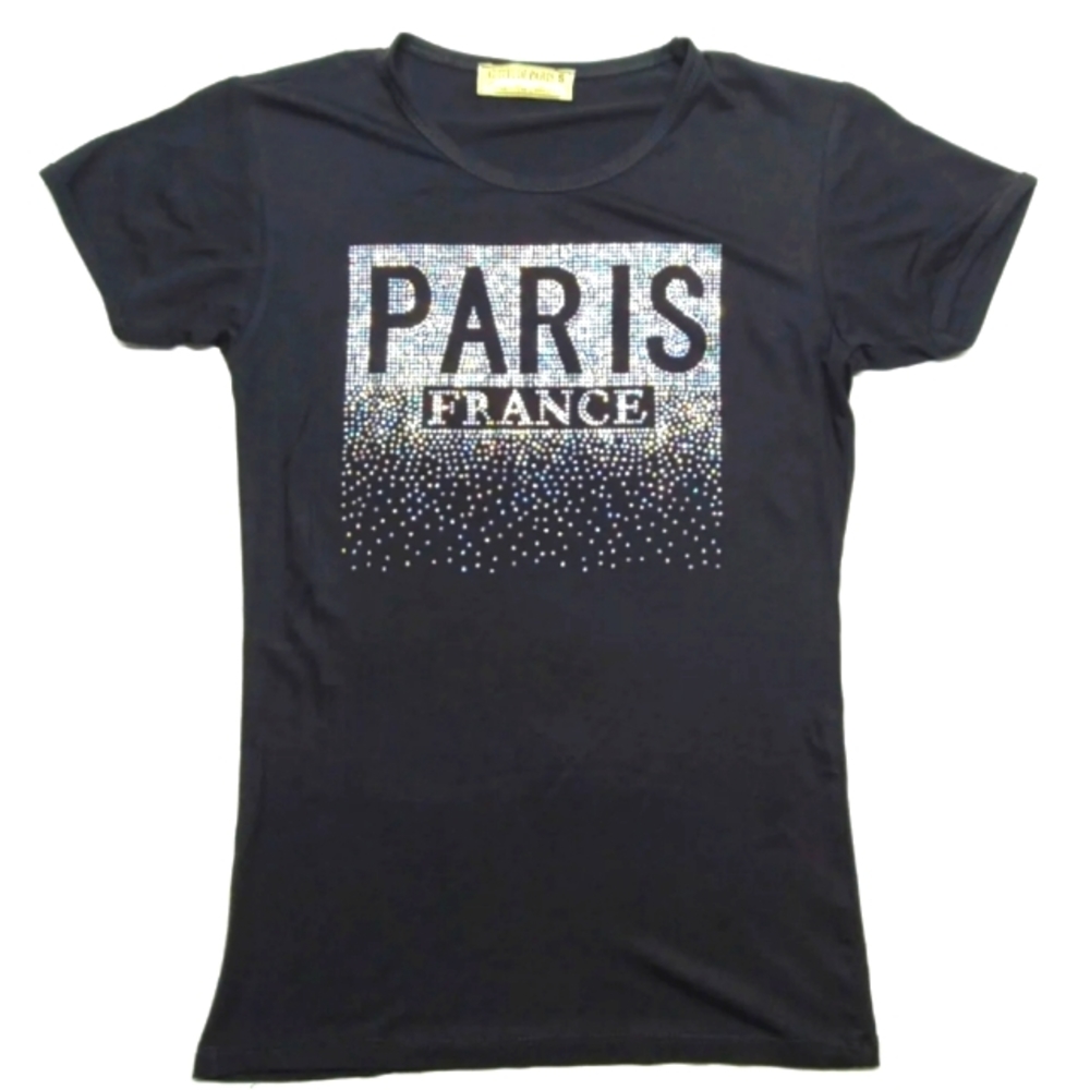 Attitude Paris Women's sz M Tops Short Sleeve Shirt Bling Black Paris France